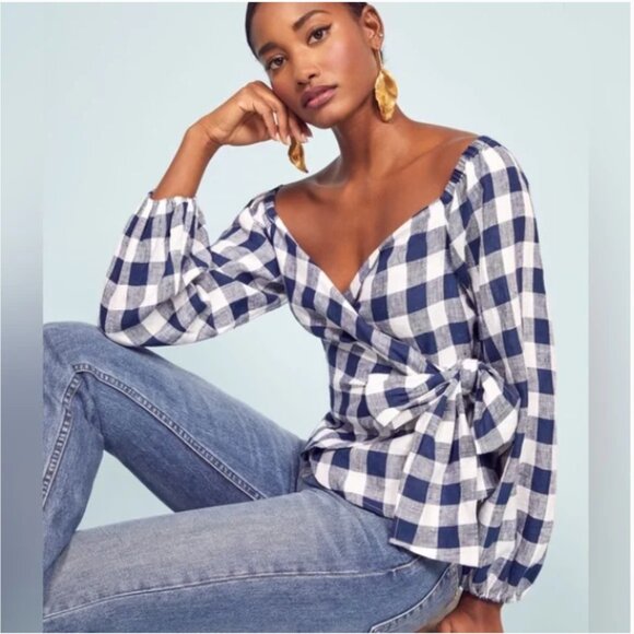 Reformation Hart Wrap Top Blue White Gingham Print Linen Small - Picture 1 of 8